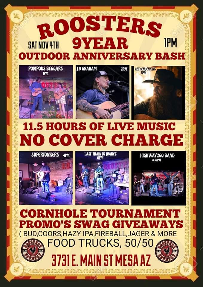 Roosters 9 Year Anniversary Outdoor Bash – No Cover