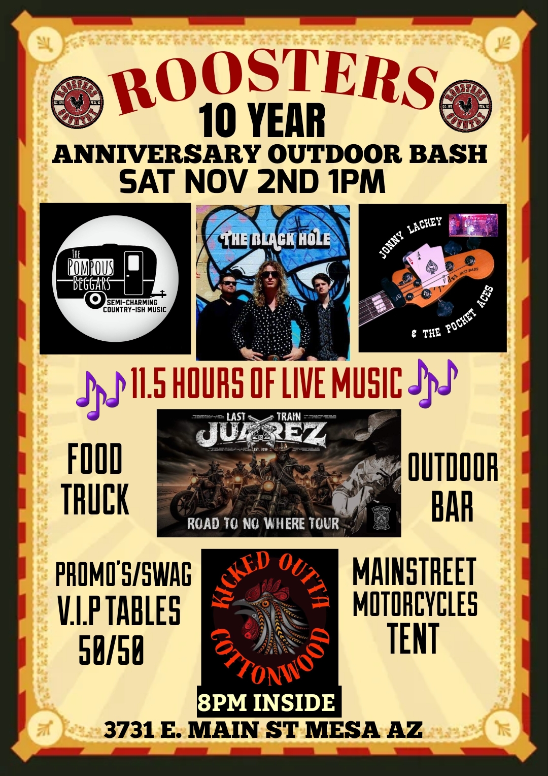 Roosters 10 Year Anniversary Outdoor Bash 11.5 hours of Live Music