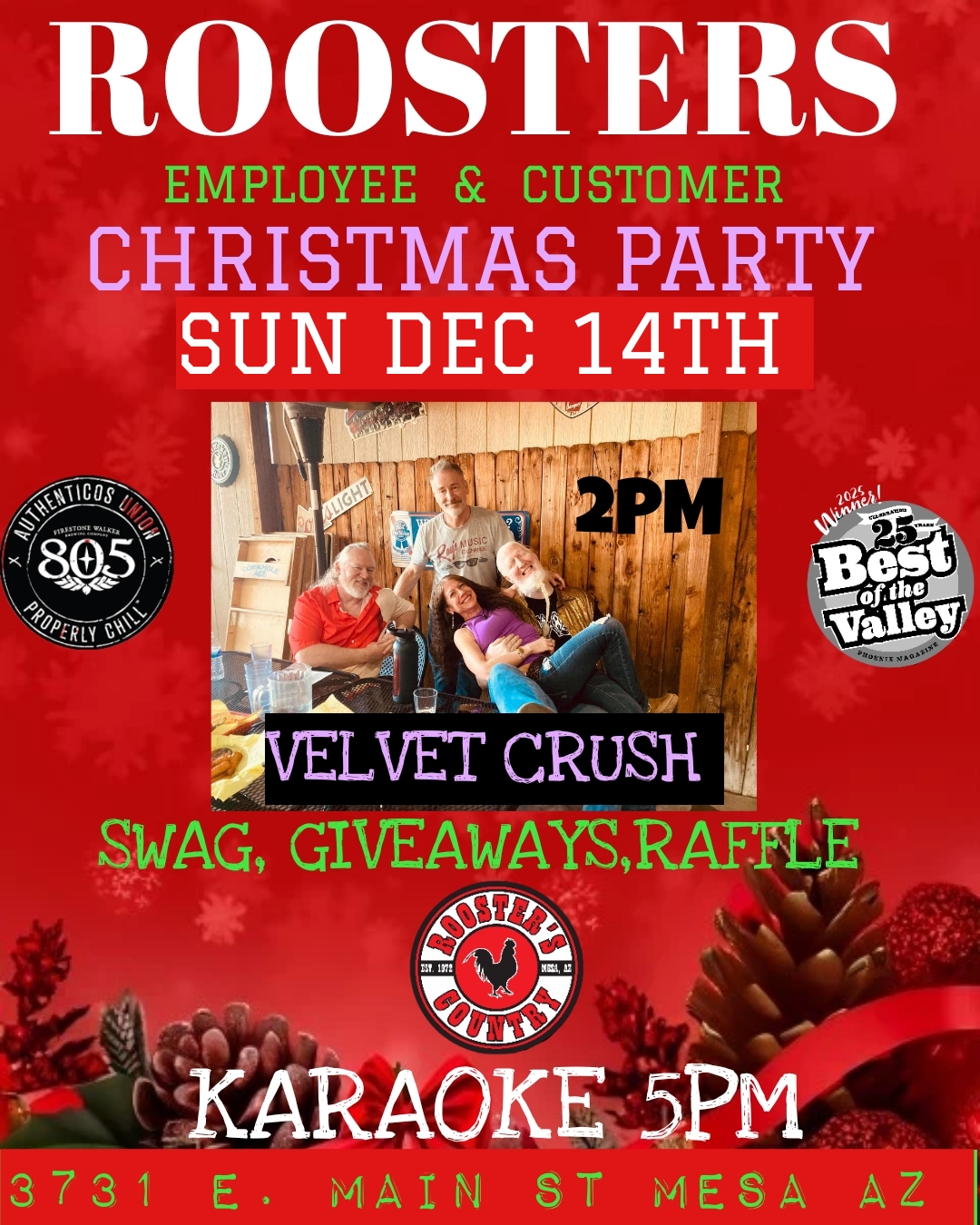 Christmas Party at Roosters – Velvet Crush – No Cover