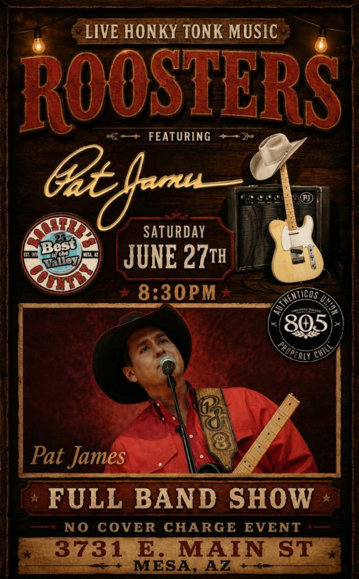 Live at Roosters – Pat James – No Cover