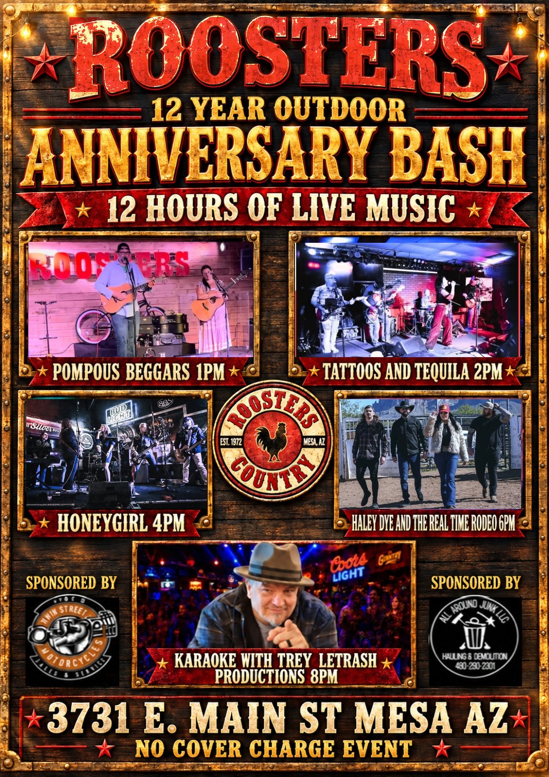 Roosters 12th Anniversary – 4 Live Bands – No Cover
