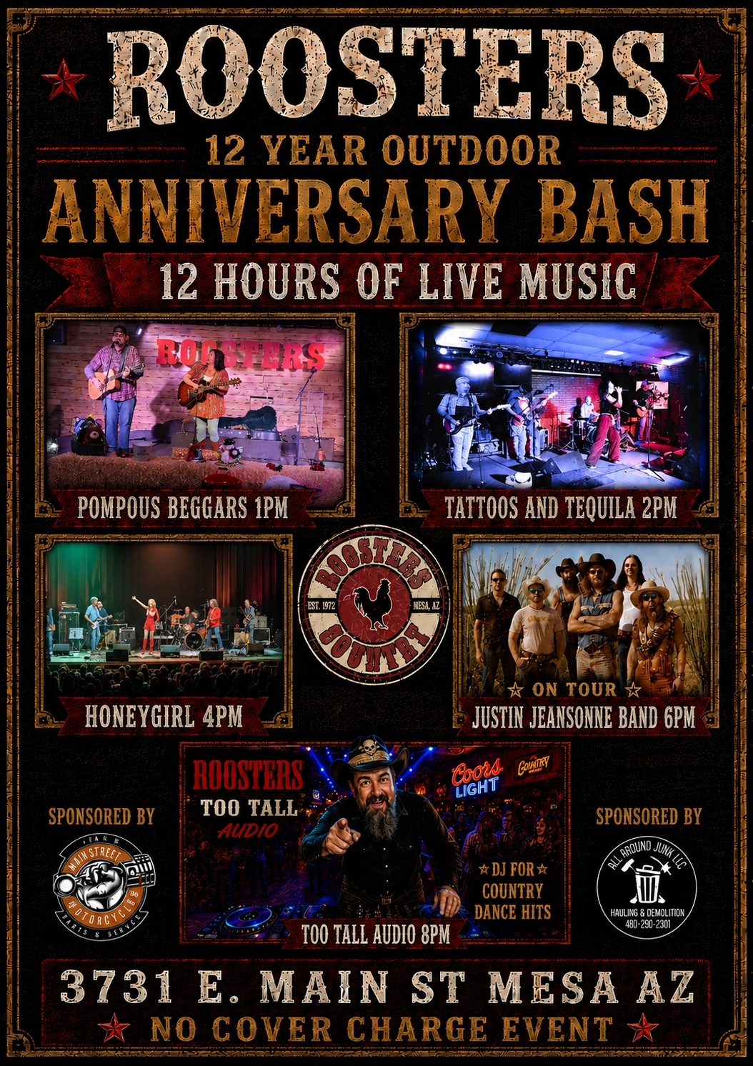 Roosters 12th Anniversary – 5 Live Bands – No Cover