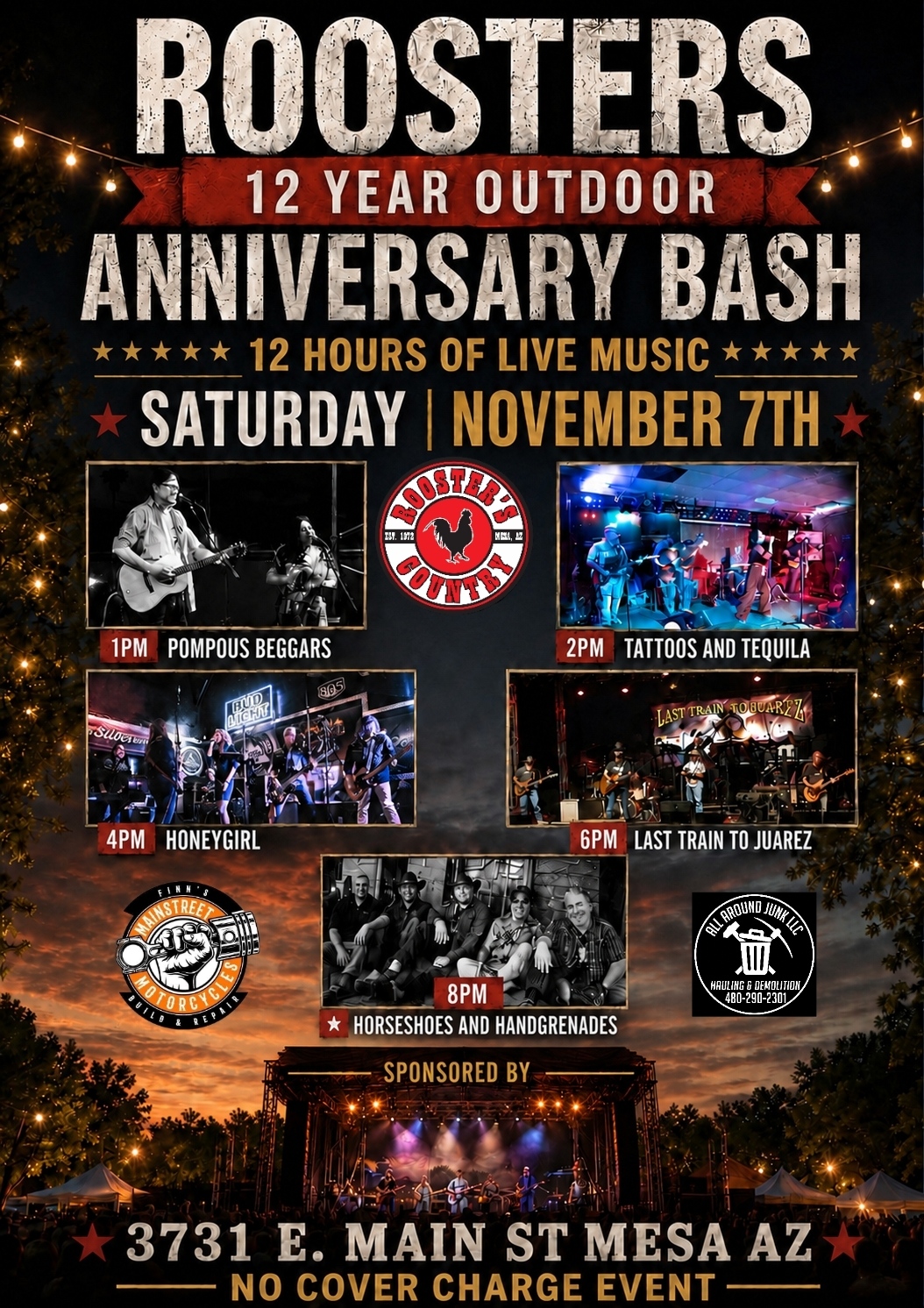 Roosters 12th Anniversary – 5 Live Bands – No Cover